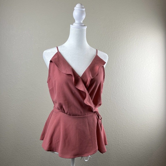 Monteau Top‎ Women Medium Spaghetti Strap V-Neck Ruffle Mauve Pink Wrap Blouse - Picture 1 of 12